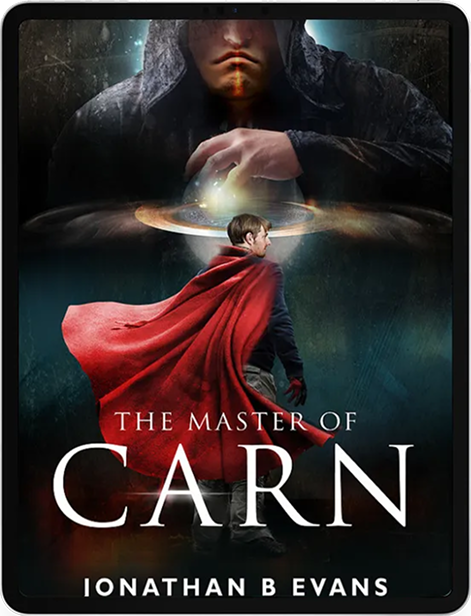 The Master of Carn book cover on a tablet