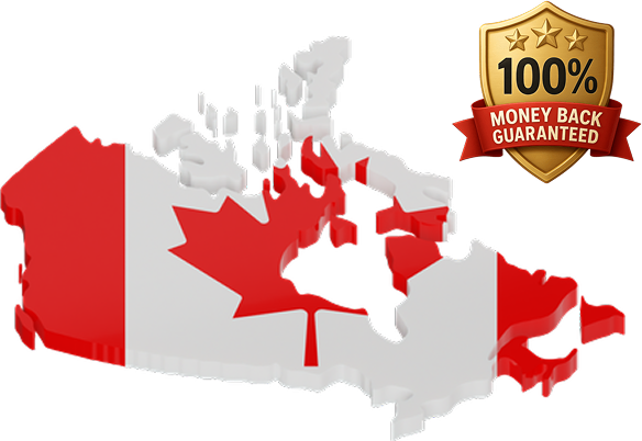 3D map of Canada in flag colours with a 100% money back guarantee seal