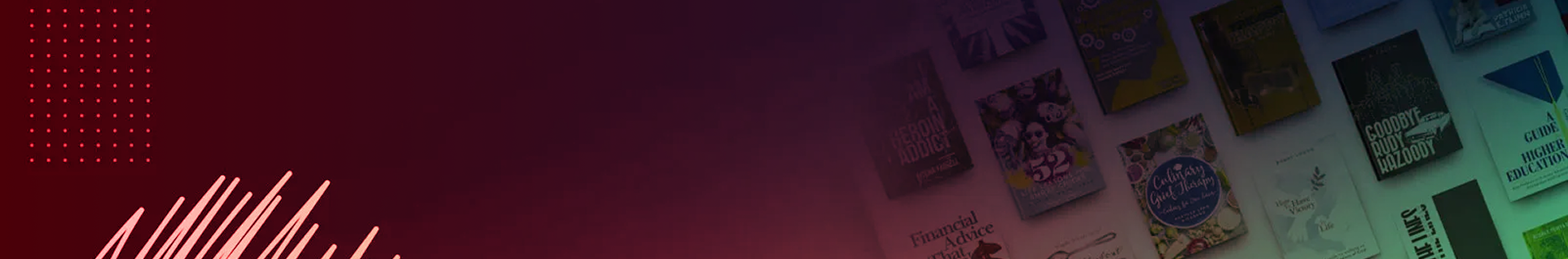 Dark red background with tilted book covers