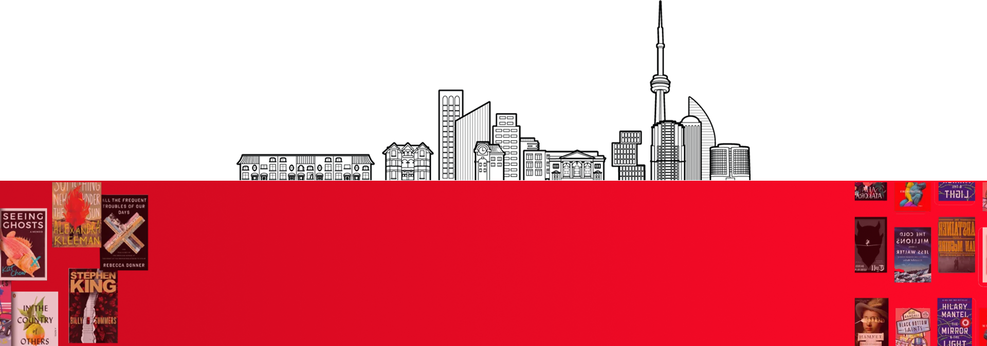 Toronto skyline line drawing above a red banner with book covers