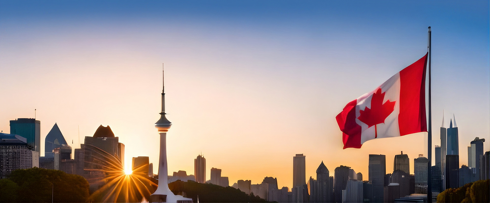 Toronto skyline with the CN Tower and the Canadian flag at sunset