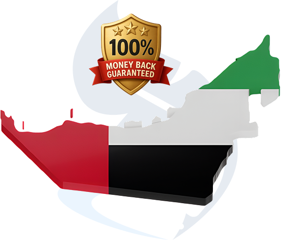 UAE map in flag colours with a 100% money back guarantee badge